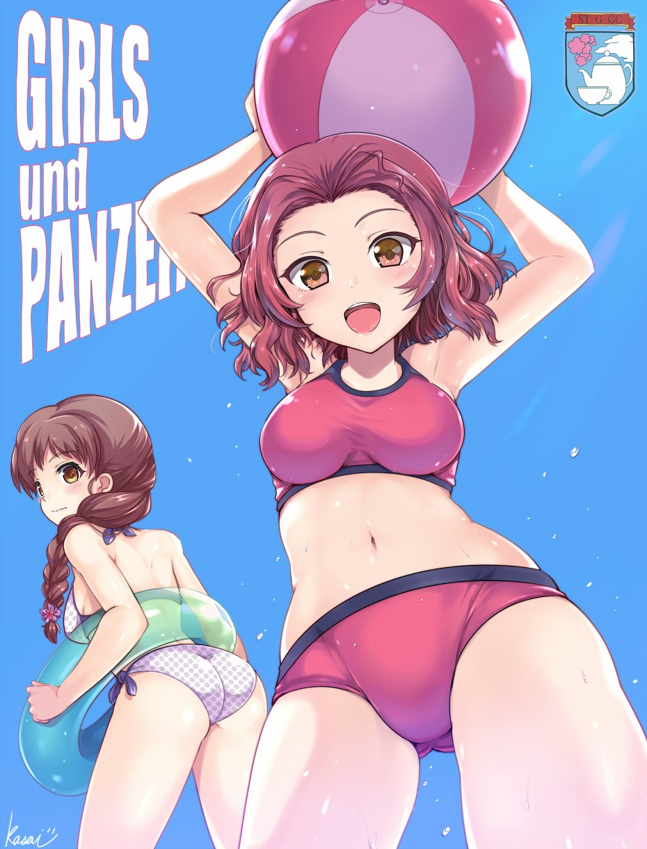 2girls :d armpits arms_up artist_name ass ass_visible_through_thighs back ball beachball bikini blue_background braid breasts brown_eyes commentary copyright_name droplet emblem eyebrows_visible_through_hair flower from_behind frown girls_und_panzer hair_flower hair_ornament hair_over_shoulder highres holding holding_ball innertube kasai_shin leaning_forward light_blush light_particles long_hair looking_at_viewer looking_back medium_breasts medium_hair multiple_girls navel open_mouth pink_bikini polka_dot polka_dot_bikini red_bikini redhead rosehip rosehip_(girls_und_panzer) rukuriri rukuriri_(girls_und_panzer) side-tie_bikini signature single_braid smile st._gloriana's_(emblem) standing swimsuit thighs