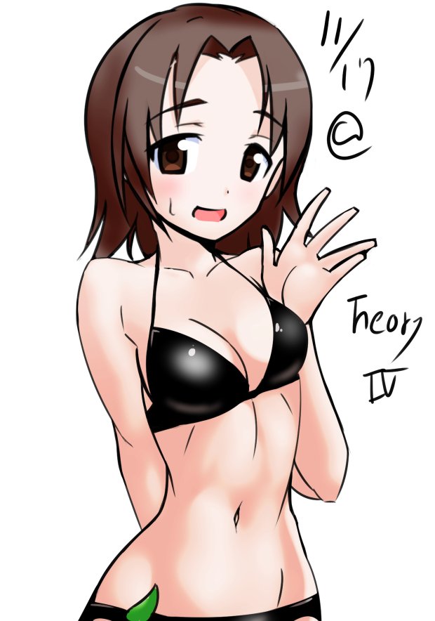 1girl aegis_(nerocc) arm_behind_back bangs bikini black_bikini blush breasts brown_eyes brown_hair commentary dated eyebrows_visible_through_hair girls_und_panzer groin looking_at_viewer medium_breasts navel open_mouth parted_bangs sawa_azusa short_hair smile solo standing sweatdrop swimsuit twitter_username upper_body waving