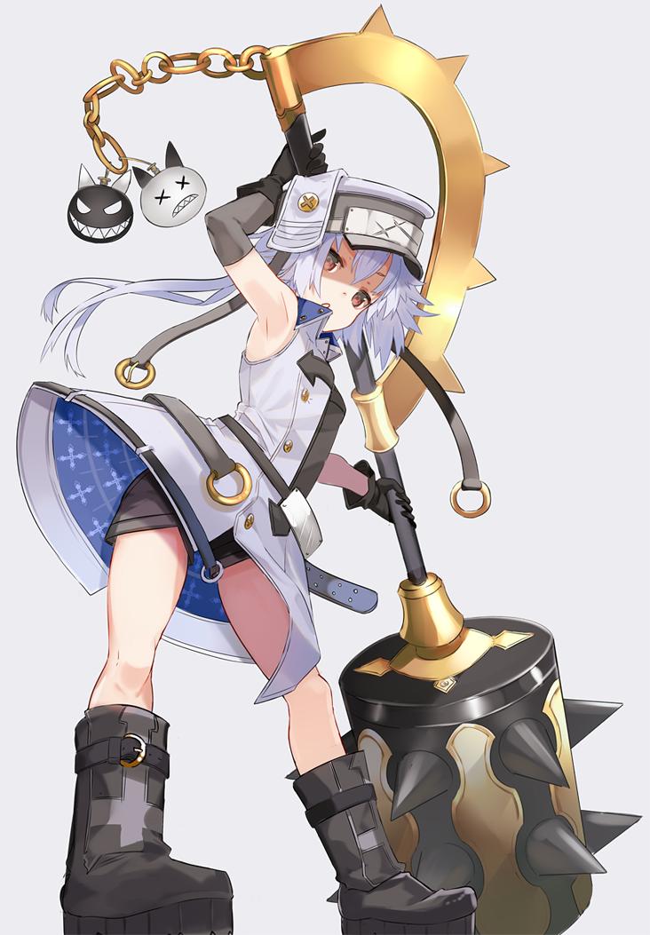 1girl :o arm_up bangs bare_shoulders black_footwear black_gloves black_shorts boots brown_eyes chain commentary_request detached_sleeves full_body gloves grey_background grey_headwear grey_sleeves hair_between_eyes hat holding holding_weapon huge_weapon jacket knee_boots long_hair long_sleeves looking_at_viewer nekoglasses original parted_lips short_shorts shorts silver_hair simple_background single_detached_sleeve sleeveless_jacket solo spikes standing two-handed weapon white_jacket