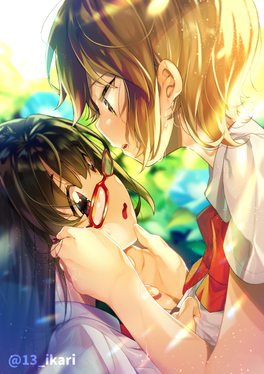 2girls backlighting bangs blue_flower blurry blurry_background bow brown_hair collared_shirt commentary_request depth_of_field eye_contact eyebrows_visible_through_hair fingernails flower glasses hair_between_eyes hands_on_another's_face highres ikari_(aor3507) light_brown_hair long_hair looking_at_another lower_teeth multiple_girls original parted_lips profile red-framed_eyewear red_bow red_eyes school_uniform shirt short_hair short_sleeves sweat twitter_username upper_teeth white_shirt yuri