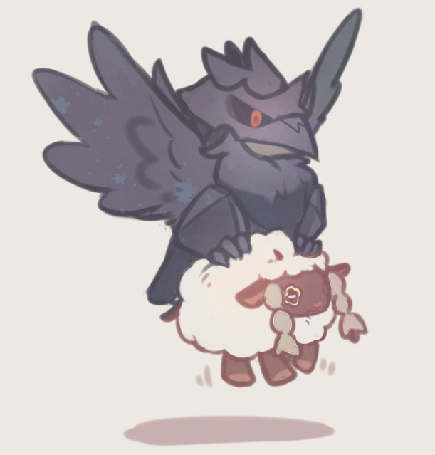 bird carrying corviknight flying gen_8_pokemon grey_background no_humans pokemon pokemon_(creature) simple_background wavy_eyes wooloo