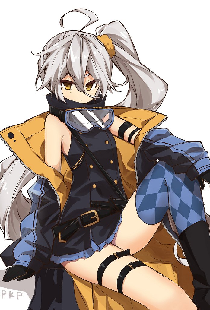 1girl ahoge bangs belt black_gloves blue_legwear character_name closed_mouth eyebrows_visible_through_hair girls_frontline gloves goggles goggles_around_neck hair_between_eyes jacket long_hair murakami_meishi pkp_(girls_frontline) ponytail side_ponytail silver_hair simple_background single_thighhigh skirt solo thigh-highs thigh_strap very_long_hair white_background yellow_eyes