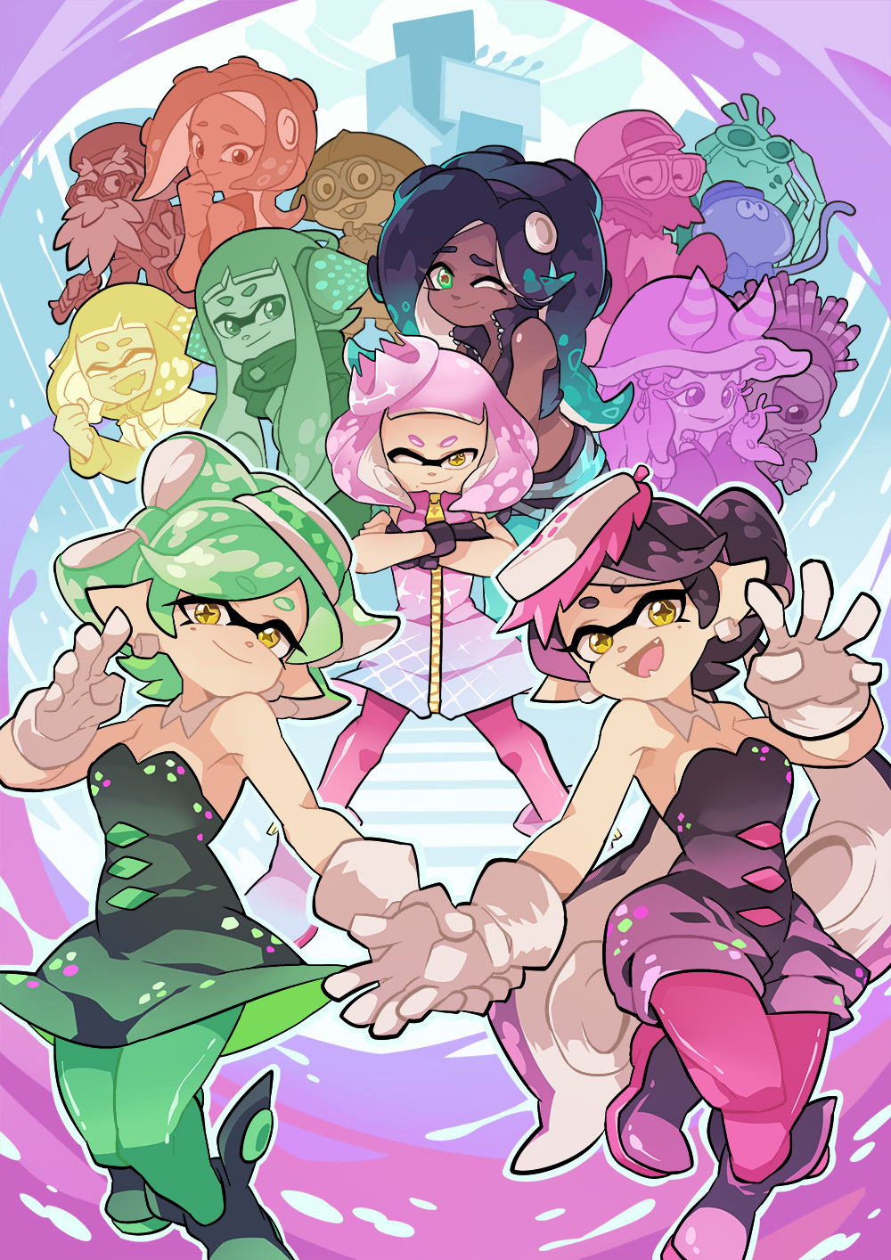 +_+ 3boys 6+girls ankle_boots aori_(splatoon) backwards_hat bangs beard bespectacled black_dress black_footwear black_hair black_jacket black_jumpsuit black_shorts blunt_bangs boots bukichi_(splatoon) character_request clenched_hand closed_eyes closed_mouth commander_atarime commentary cousins crossed_arms dark_skin detached_collar domino_mask dress earrings echizen_(splatoon) english_commentary facial_hair fangs food food_on_head glasses gloves gradient_hair green_hair green_legwear hand_to_own_mouth hat head_tilt headgear highres hime_(splatoon) holding_hands hotaru_(splatoon) iida_(splatoon) inkling jacket jewelry leaning_forward long_hair looking_at_viewer mask medium_hair mole mole_under_eye mole_under_mouth multicolored_hair multiple_boys multiple_girls object_on_head octoling one_eye_closed open_mouth pantyhose pink_dress pink_hair pink_legwear pointy_ears purple_hair purple_legwear rob_(splatoon) short_dress short_hair short_jumpsuit shorts sleeveless_jacket smile splatoon_(series) splatoon_1 splatoon_2 splatoon_2:_octo_expansion squidbeak_splatoon standing standing_on_one_leg strapless suction_cups sushi tentacle_hair very_long_hair waving white_footwear white_gloves wong_ying_chee zipper_pull_tab