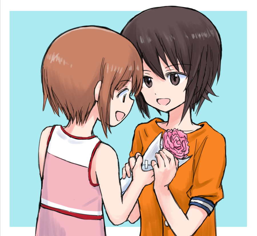 2girls bangs blue_background bouquet brown_eyes brown_hair commentary eyebrows_visible_through_hair flower girls_und_panzer holding holding_bouquet looking_at_another multiple_girls mutsu_(layergreen) nishizumi_maho nishizumi_miho open_mouth orange_sky outside_border pink_shirt shirt short_hair short_sleeves siblings sisters sky smile tank_top younger