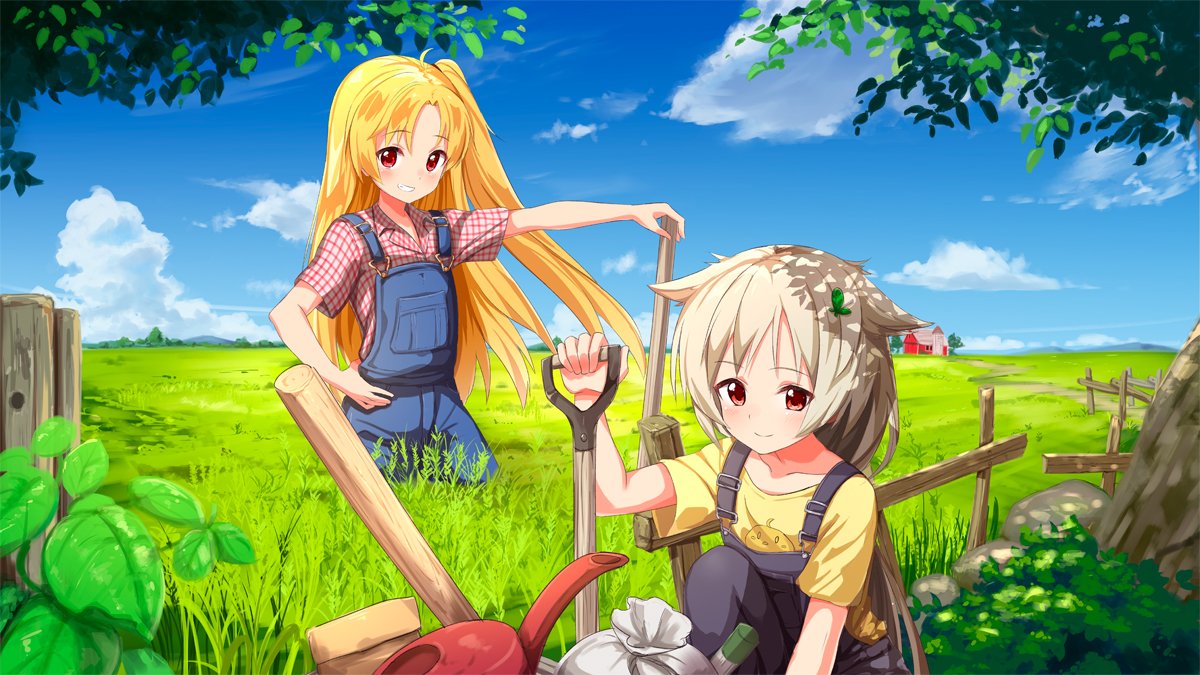2girls ame. azur_lane bangs blonde_hair blue_sky blush cleveland_(azur_lane) closed_mouth clouds collarbone collared_shirt commentary_request day eyebrows_visible_through_hair fence field grey_hair grin hair_flaps hair_ornament hand_on_hip knee_up long_hair montpelier_(azur_lane) multiple_girls one_side_up outdoors overalls parted_bangs plaid plaid_shirt red_eyes shirt short_sleeves sky smile standing tree very_long_hair watering_can yellow_shirt