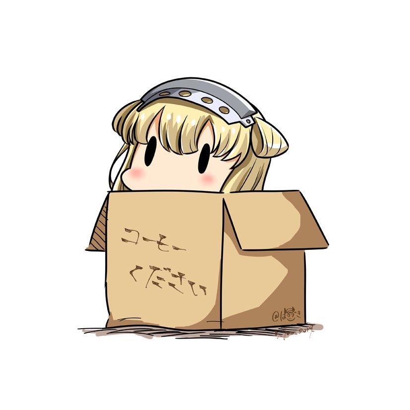 1girl blonde_hair box cardboard_box dated double_bun fletcher_(kantai_collection) hairband hatsuzuki_527 in_box in_container kantai_collection long_hair simple_background solid_oval_eyes solo translated twitter_username white_background