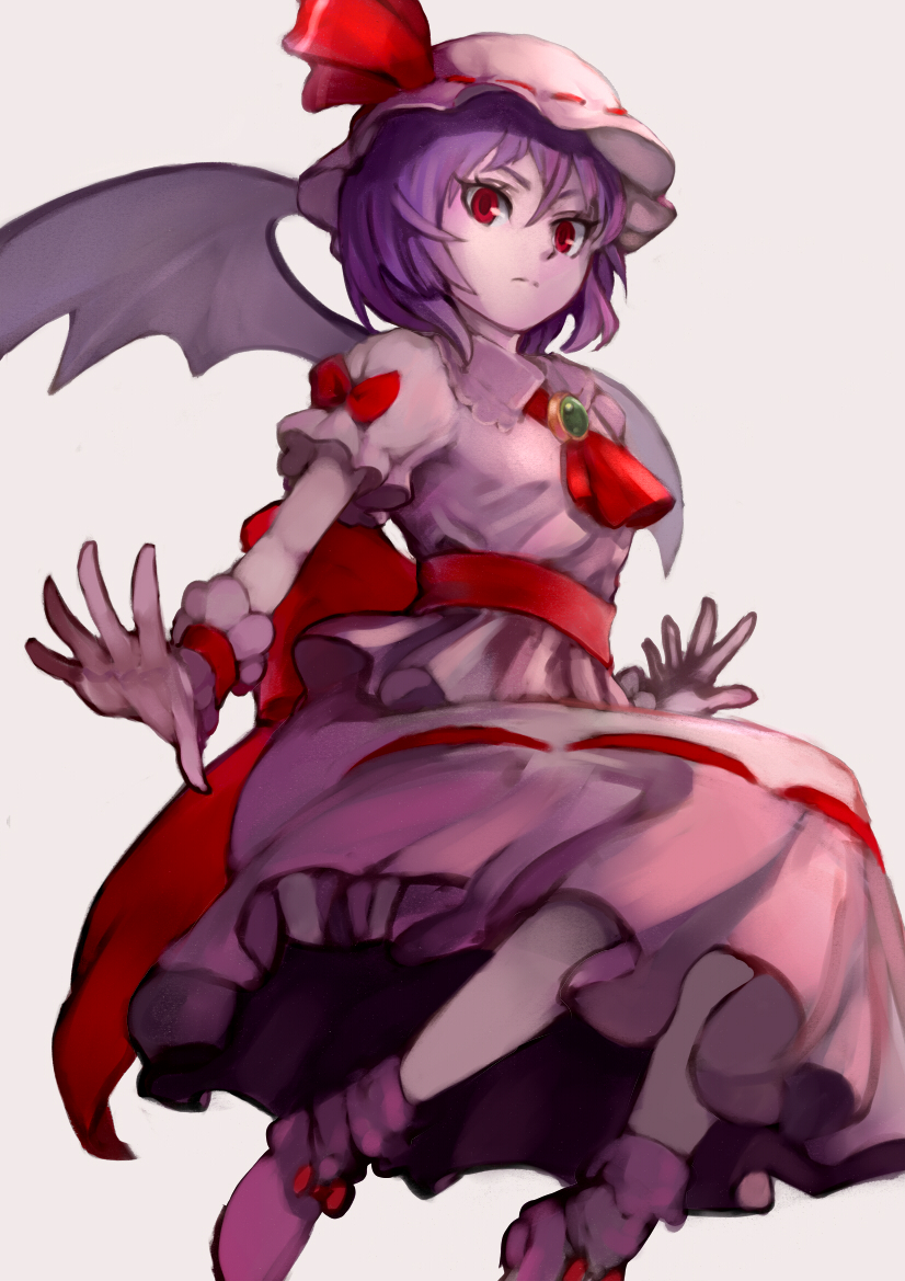 1girl ascot bangs bat_wings bow brooch chienon closed_mouth frown hair_between_eyes hat hat_ribbon jewelry long_skirt mob_cap pink_headwear pink_skirt puffy_short_sleeves puffy_sleeves purple_hair red_bow red_eyes red_neckwear red_ribbon remilia_scarlet ribbon ribbon-trimmed_headwear ribbon-trimmed_skirt ribbon_trim sash short_hair short_sleeves skirt solo touhou wings wristband