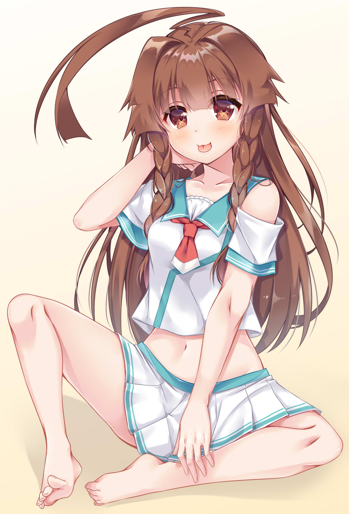 1girl :3 :p ahoge bangs bare_shoulders barefoot blush braid breasts brown_eyes brown_hair collarbone commentary_request eyebrows_visible_through_hair full_body hair_between_eyes highres huge_ahoge kantai_collection ko_yu kuma_(kantai_collection) long_hair looking_at_viewer midriff navel neckerchief sailor_collar school_uniform serafuku shirt short_sleeves shorts simple_background sitting smile solo tongue tongue_out white_background