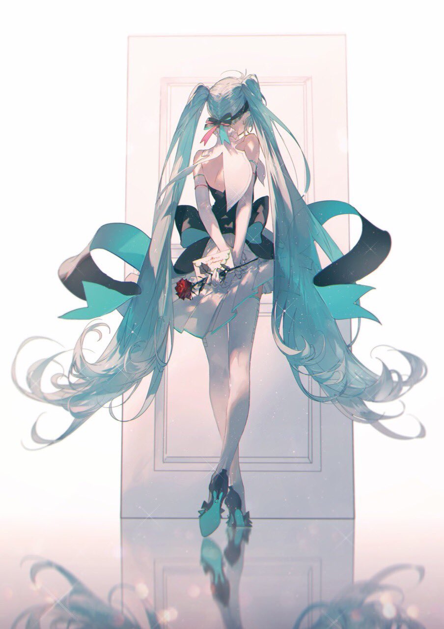1girl aqua_hair back_bow bow commentary_request door envelope floating_hair flower from_behind gradient gradient_background green_hair hatsune_miku high_heels highres holding holding_flower long_hair mikusymphony reflection rose skirt thigh-highs twintails very_long_hair vocaloid