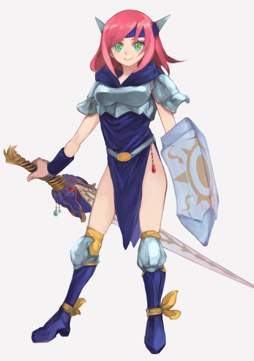 1girl blue_dress blue_headband boobplate breastplate chienon closed_mouth dress final_fantasy final_fantasy_v full_body green_eyes headband holding holding_shield holding_sword holding_weapon knight_(final_fantasy) legs_apart lenna_charlotte_tycoon medium_hair pelvic_curtain pink_hair shield shoulder_pads side_slit smile solo standing sword weapon