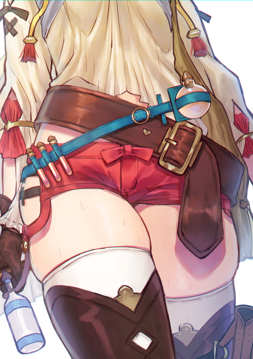 1girl atelier_(series) atelier_ryza belt belt_buckle blue_belt bottle brown_belt brown_gloves brown_shirt buckle commentary_request gloves head_out_of_frame heart holding holding_bottle honami_(yths4221) long_sleeves puffy_long_sleeves puffy_sleeves red_shorts reisalin_stout round-bottom_flask shirt short_shorts shorts simple_background skindentation solo thigh-highs thighs vial white_background white_legwear