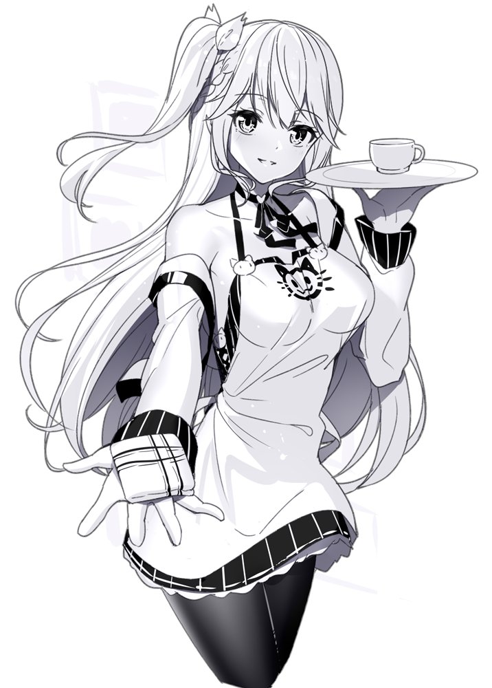 1girl bangs blush braid breasts commentary cropped_legs cup detached_sleeves dress emily_stock eyebrows_visible_through_hair greyscale hair_between_eyes hair_ribbon holding holding_plate long_hair long_sleeves looking_at_viewer medium_breasts monochrome one_side_up original outstretched_arm pantyhose parted_lips plate ribbon ririko_(zhuoyandesailaer) simple_background sleeveless sleeveless_dress smile solo symbol_commentary teacup very_long_hair white_background