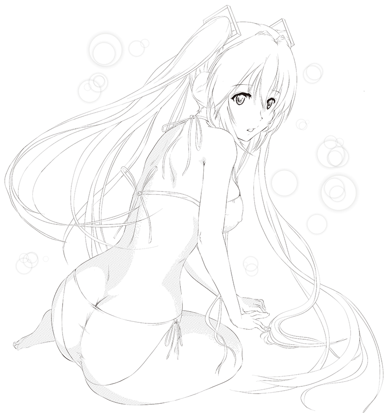 1girl ass asunogear barefoot bikini breasts covered_nipples eyebrows_visible_through_hair floating_hair greyscale hair_between_eyes hair_ornament hatsune_miku headphones long_hair medium_breasts monochrome open_mouth side-tie_bikini sideboob sketch soles solo swimsuit twintails very_long_hair vocaloid white_background