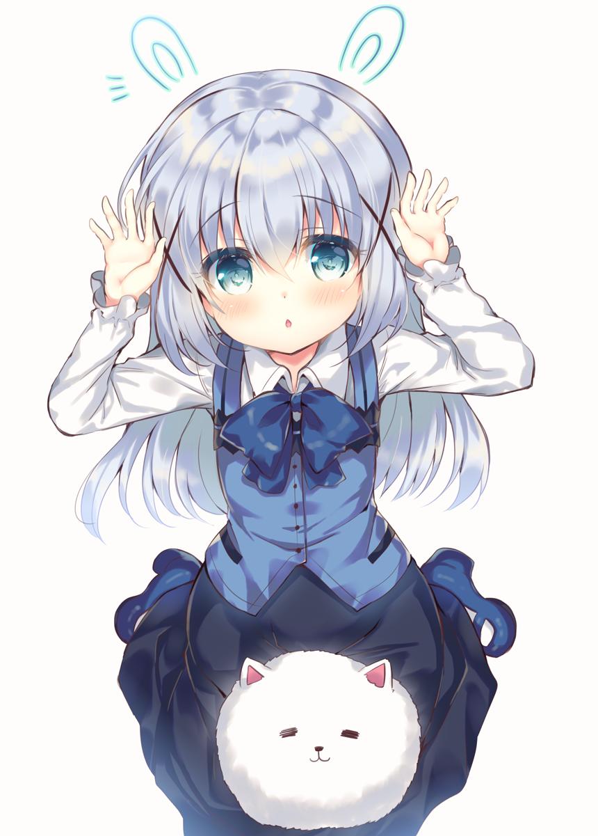 1girl angora_rabbit animal animal_ears arms_up bangs black_skirt blue_bow blue_eyes blue_footwear blue_hair blue_vest blush bow chestnut_mouth collared_shirt commentary_request drawn_ears eyebrows_visible_through_hair fake_animal_ears gochuumon_wa_usagi_desu_ka? hair_between_eyes hair_ornament high_heels highres kafuu_chino long_hair mary_janes parted_lips rabbit rabbit_ears rabbit_house_uniform shirt shoes simple_background sitting skirt suzunone_rena tippy_(gochiusa) uniform very_long_hair vest waitress wariza white_background white_legwear white_shirt x_hair_ornament