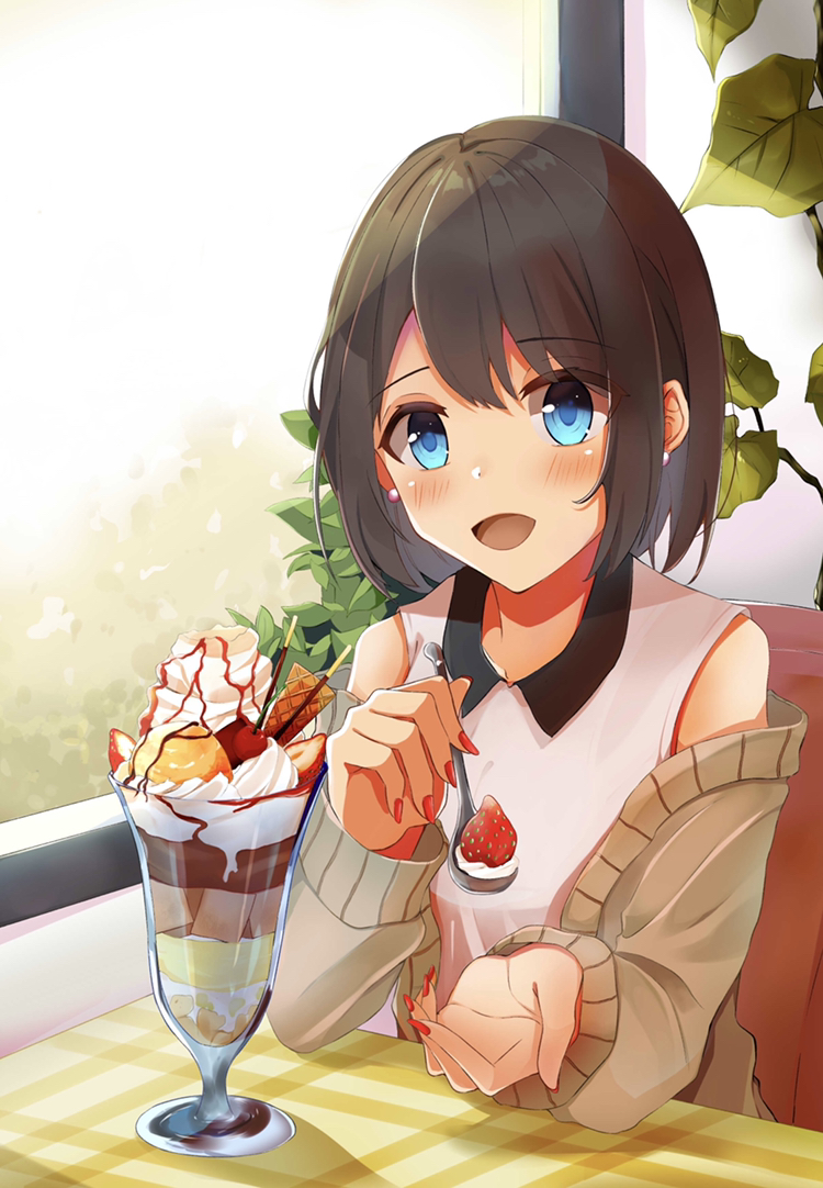 1girl blue_eyes blush brown_hair day earrings food fruit indoors jewelry long_sleeves medium_hair open_mouth original parfait pocky red_nails shirt sitting sleeveless sleeveless_shirt smile solo spoon strawberry whipped_cream white_shirt