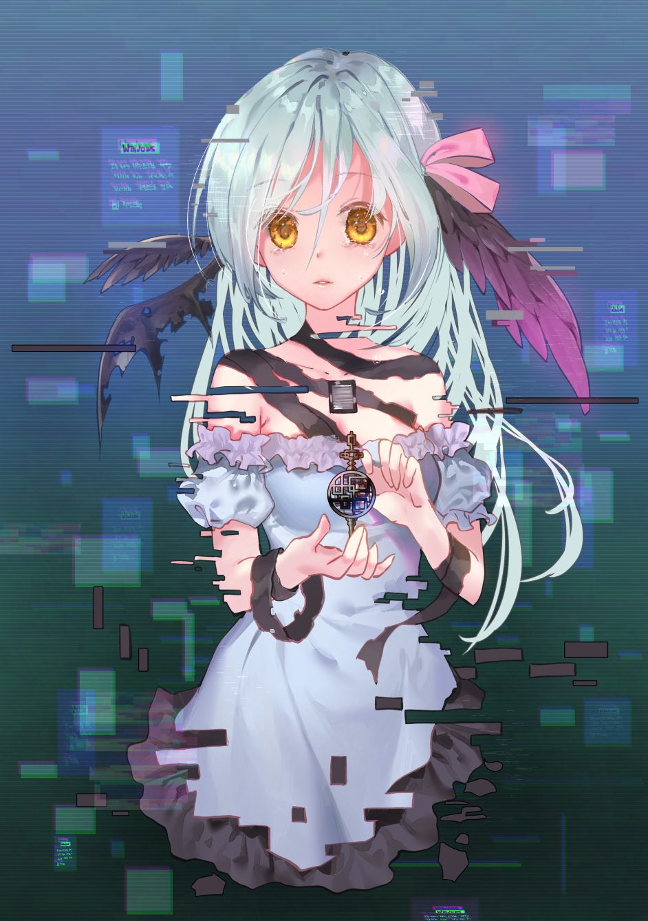 1girl asymmetrical_wings bangs black_wings blush breasts brown_eyes collarbone commentary_request detached_sleeves dress eyebrows_visible_through_hair feathered_wings frilled_dress frills glitch green_hair hair_between_eyes hands_up head_wings highres long_hair looking_at_viewer mintchoco_(orange_shabette) original parted_lips puffy_short_sleeves puffy_sleeves purple_wings short_sleeves small_breasts solo tears white_dress white_sleeves wings