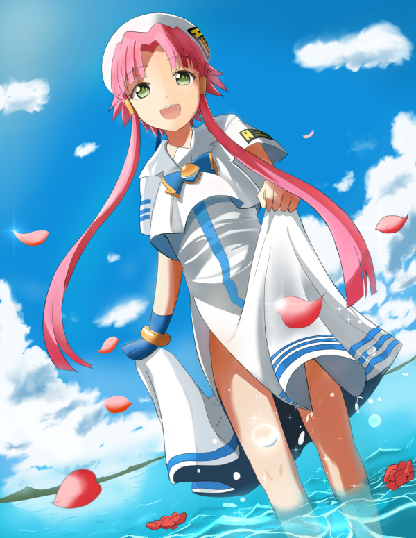 1girl :d aqua_(popogori) aria asymmetrical_gloves blue_gloves blue_sky clouds day dress dutch_angle eyebrows_visible_through_hair flower gloves green_eyes looking_at_viewer mizunashi_akari open_mouth outdoors petals pink_hair red_flower sailor_collar short_hair_with_long_locks short_sleeves side_slit sidelocks single_glove skirt_hold sky smile solo white_dress white_sailor_collar white_sky