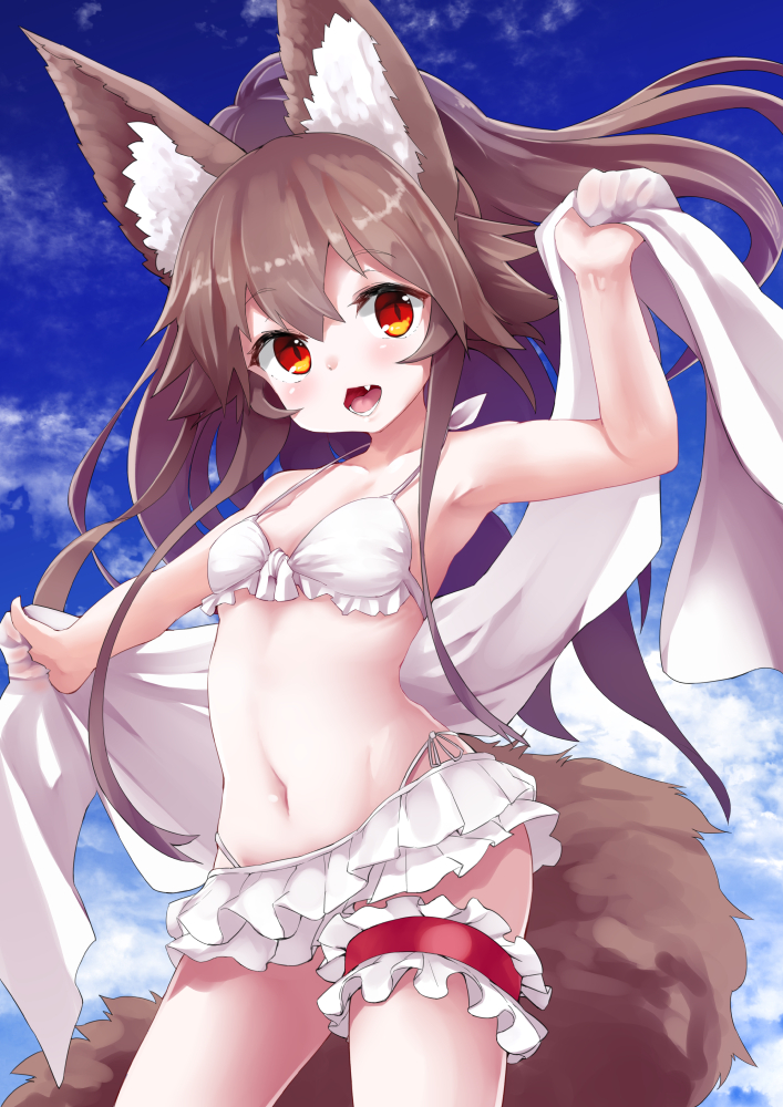 1girl animal_ear_fluff animal_ears bangs bare_arms bare_shoulders bikini blue_sky breasts brown_hair clouds collarbone commentary_request day eyebrows_visible_through_hair fang frilled_bikini frills front-tie_top hair_between_eyes hand_up highleg highleg_bikini holding holding_towel leg_garter long_hair looking_at_viewer navel noa_(nagareboshi) open_mouth original outdoors red_eyes side-tie_bikini sky small_breasts solo swimsuit tail towel very_long_hair white_bikini
