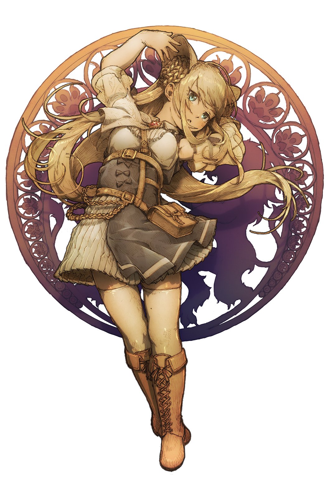 1girl animal_ears armpits arms_up atelier_fraulein bag bangs belt blonde_hair blue_skirt boots braided_bun breasts brooch commentary double_bun eyebrows_visible_through_hair feral_lemma full_body highres jewelry lion_ears looking_at_viewer looped_braids medium_breasts miniskirt parted_lips pouch see-through shido_lio shirt skirt sleeveless solo thigh-highs virtual_youtuber white_shirt white_skirt zettai_ryouiki