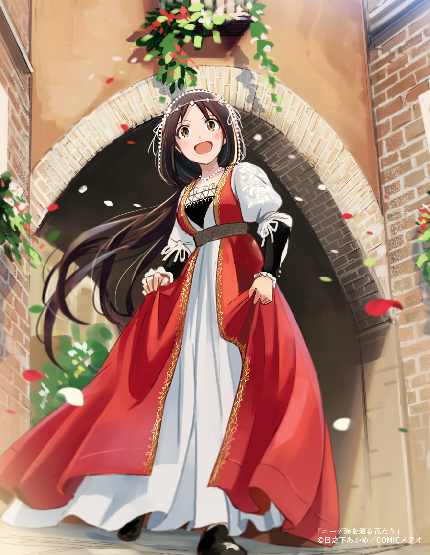 1girl :d bangs brown_eyes brown_hair collarbone day dress floating_hair from_below full_body hinoshita_akame jewelry long_hair long_sleeves necklace open_mouth original outdoors parted_bangs petals ponytail smile solo standing traditional_clothes very_long_hair white_dress