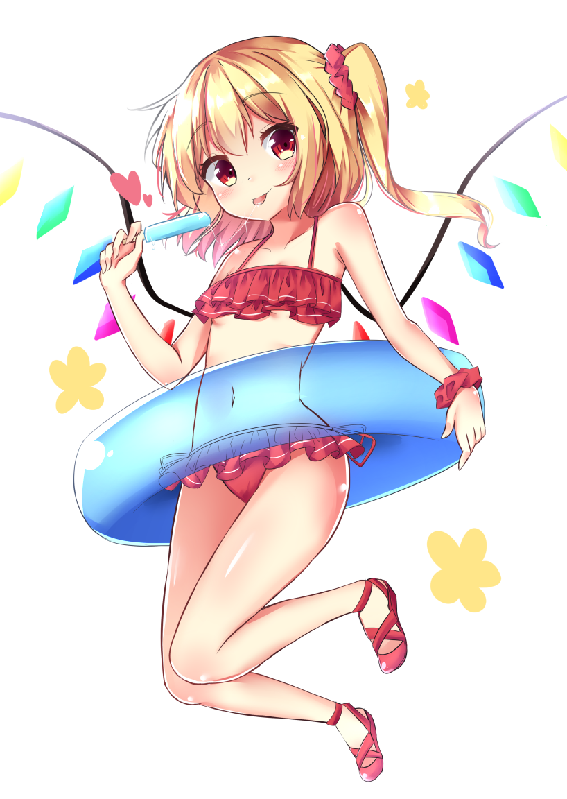 1girl :p bangs bare_arms bare_legs bare_shoulders bikini blonde_hair breasts commentary_request cross-laced_footwear crystal eyebrows_visible_through_hair flandre_scarlet food frilled_bikini frills full_body hair_ornament hair_scrunchie hand_up head_tilt heart holding holding_food innertube kuraaken long_hair looking_at_viewer navel no_hat no_headwear one_side_up popsicle red_bikini red_eyes red_footwear red_scrunchie scrunchie shoes simple_background small_breasts smile solo stomach swimsuit thighs tongue tongue_out touhou white_background wings wrist_scrunchie