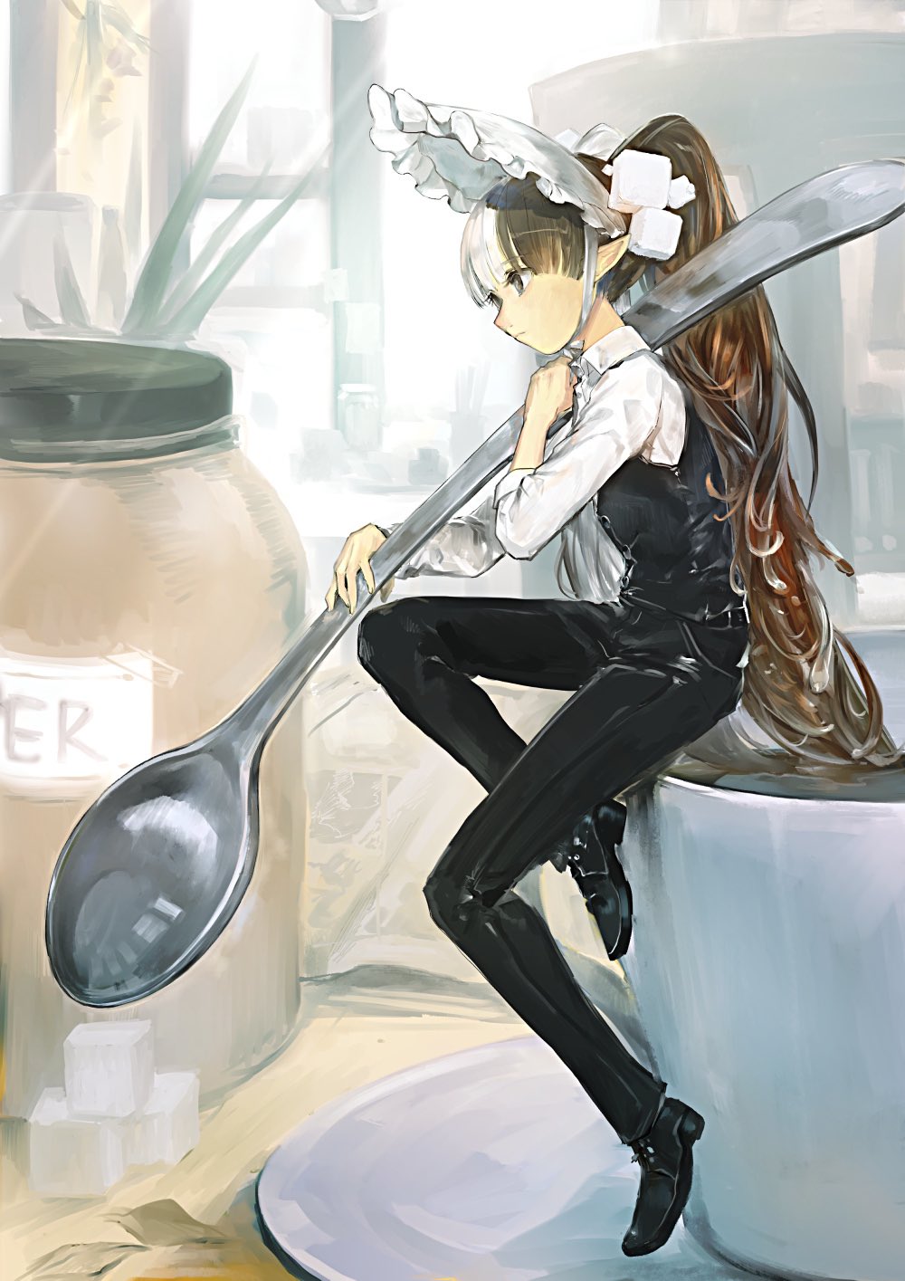 1girl brown_hair coffee coffee_cup cup disposable_cup hair_ornament high_ponytail highres indoors jar long_hair maid_headdress minigirl multicolored_hair nightmare-kck original pointy_ears profile silver_hair sitting solo spoon sugar_cube teacup vest