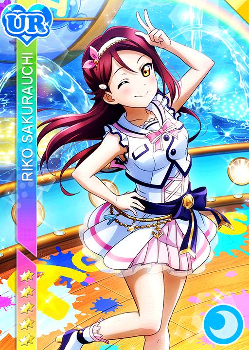 blush brown_eyes character_name dress love_live!_school_idol_project love_live!_sunshine!! purple_hair sakurauchi_riko short_hair smile wink