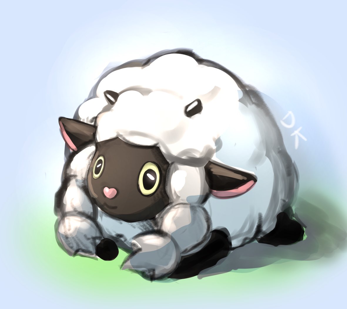 :3 artist_name black_eyes blue_background closed_mouth deekei english_commentary gen_8_pokemon horns lying no_humans pokemon pokemon_(creature) pokemon_(game) signature simple_background solo wooloo yellow_sclera