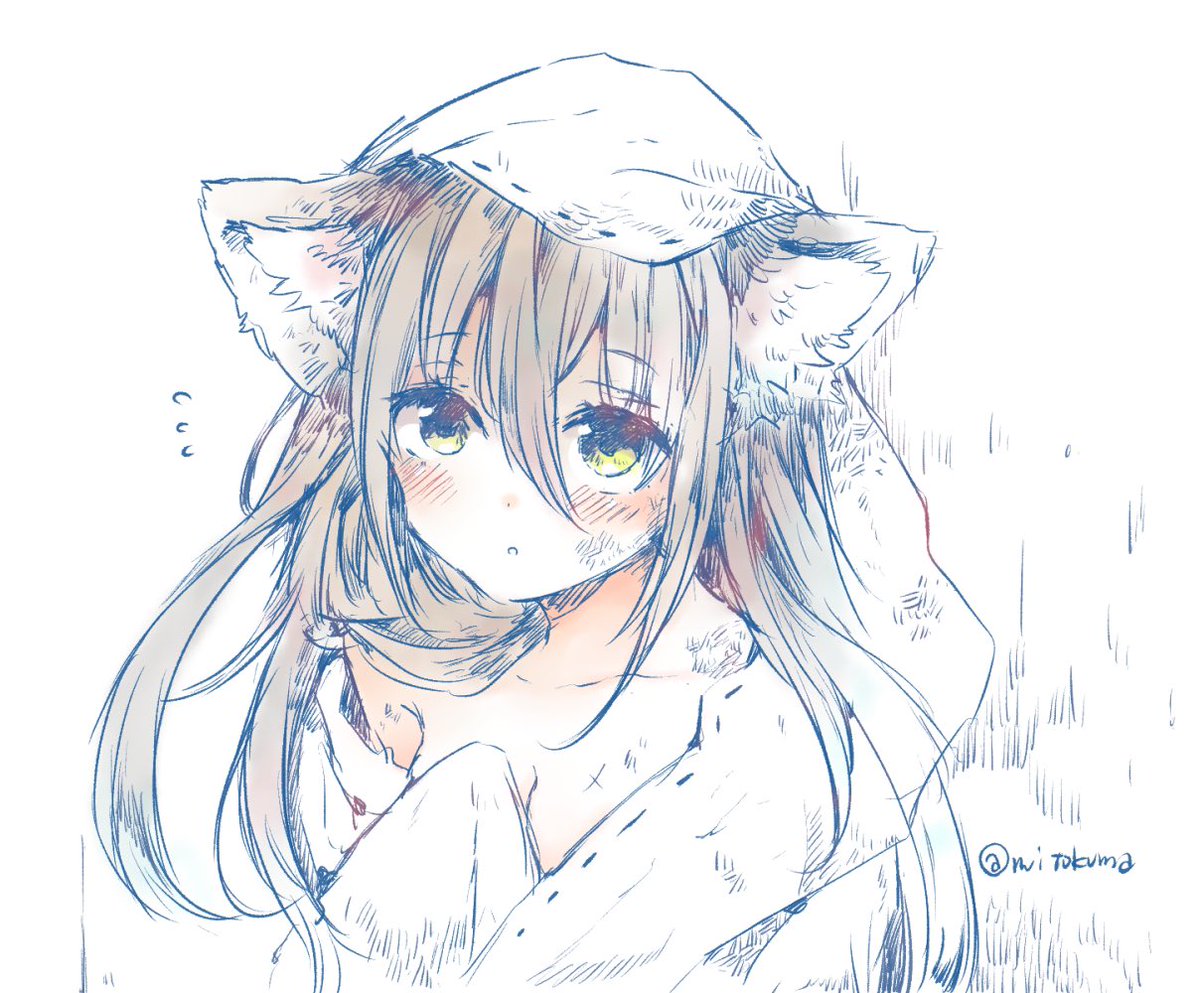 1girl animal_ears breasts brown_hair commentary_request dirty dirty_face expressionless flying_sweatdrops long_hair mitoko_(kuma) naked_towel original parted_lips sketch towel wolf_ears yellow_eyes