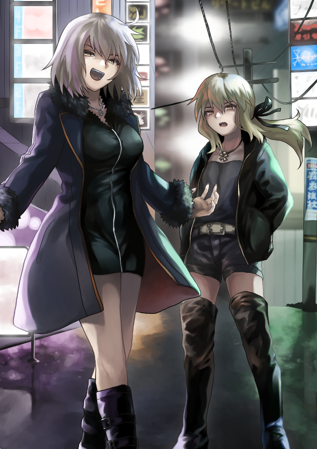 2girls artoria_pendragon_(all) belt black_coat black_dress black_footwear black_jacket black_shirt black_shorts blonde_hair boots cardigan casual city coat commentary dress fate/grand_order fate_(series) fingernails fur-trimmed_coat fur_trim glaring grey_belt grey_hair half-closed_eyes hands_in_pockets jacket jeanne_d'arc_(alter)_(fate) jeanne_d'arc_(fate)_(all) jewelry kiya_hajime knee_boots multiple_girls necklace night open_cardigan open_clothes open_jacket open_mouth saber_alter sharp_fingernails shirt short_dress short_shorts shorts smirk thigh-highs thigh_boots utility_pole wicked_dragon_witch_ver._shinjuku_1999 wind yellow_eyes