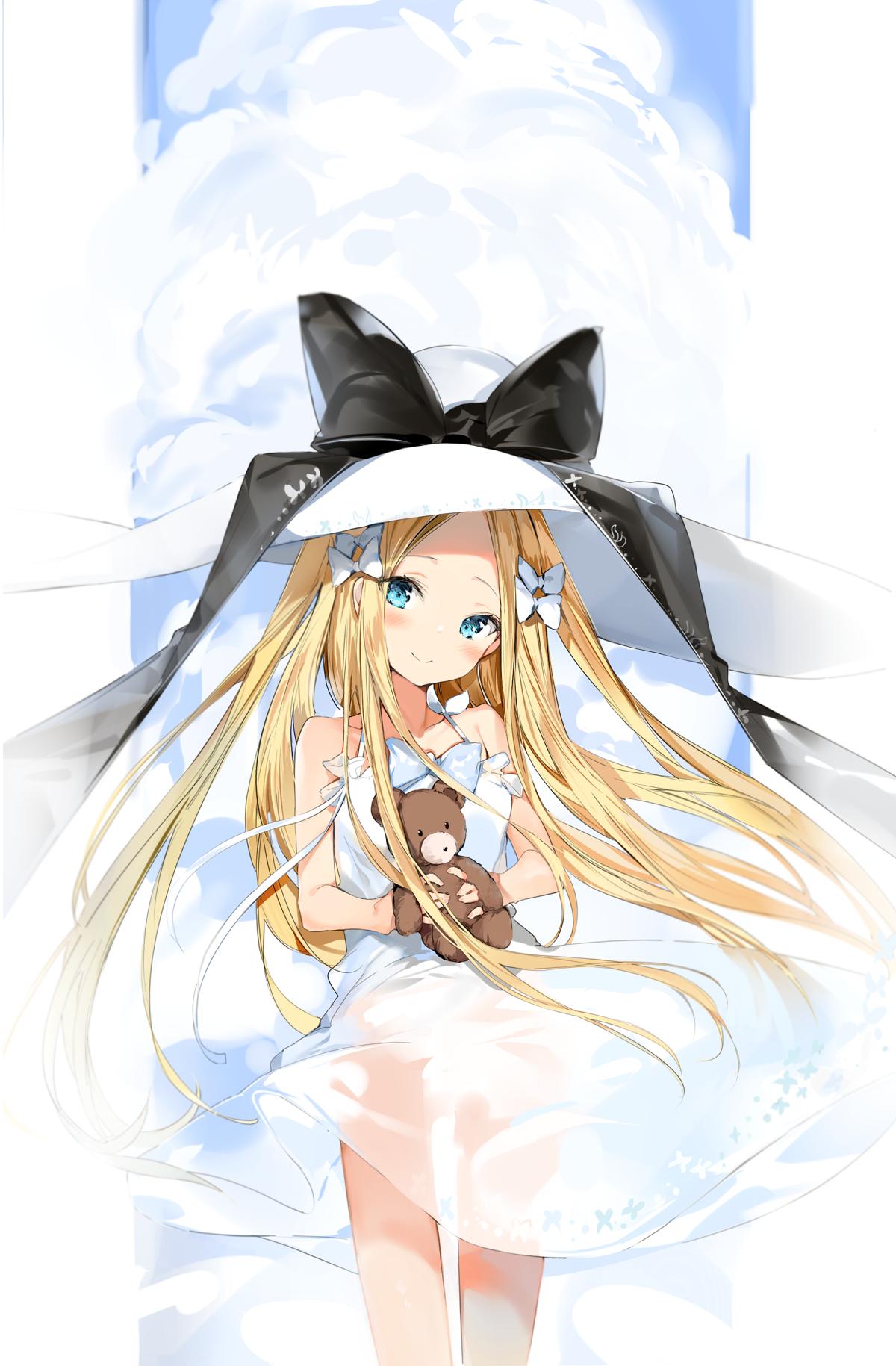 1girl abigail_williams_(fate/grand_order) bangs bare_arms bare_shoulders black_bow blonde_hair blue_bow blue_eyes blue_sky blush bow breasts closed_mouth clouds cloudy_sky commentary_request day dress fate/grand_order fate_(series) forehead hair_bow hat hat_bow head_tilt highres holding holding_stuffed_animal long_hair parted_bangs see-through see-through_silhouette silver_(chenwen) sky sleeveless sleeveless_dress small_breasts smile solo standing stuffed_animal stuffed_toy sun_hat teddy_bear very_long_hair white_bow white_dress white_headwear