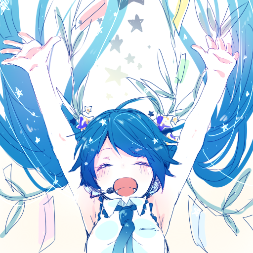 1girl ^_^ ^o^ arms_up blue_hair cheering closed_eyes happy hatsune_miku kuronyanko open_mouth outstretched_arms star teeth twintails vocaloid white_background
