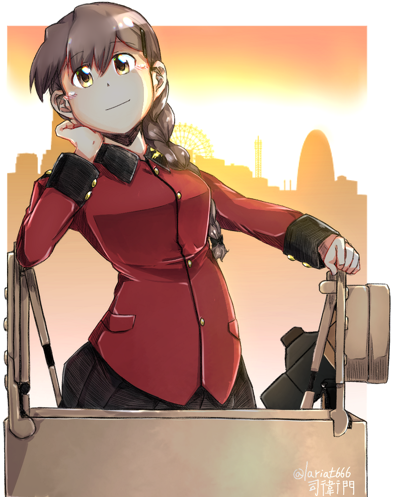 1girl artist_name bangs black_ribbon black_skirt braid brown_eyes brown_hair chin_rest elbow_rest epaulettes eyebrows_visible_through_hair girls_und_panzer ground_vehicle hair_over_shoulder hair_ribbon head_tilt jacket long_hair long_sleeves matilda_(tank) military military_uniform military_vehicle motor_vehicle orange_sky outdoors pleated_skirt red_jacket ribbon rukuriri signature single_braid skirt sky smile solo st._gloriana's_military_uniform sunset tank tank_cupola tsukasa-emon twitter_username uniform