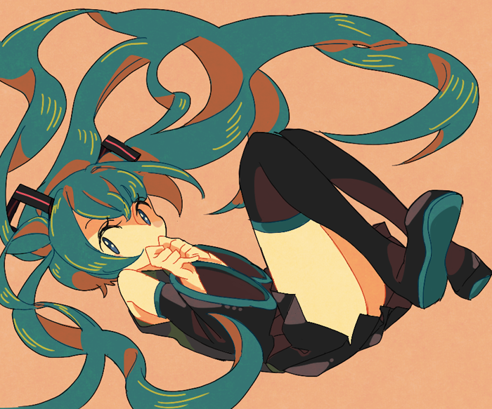 1girl bare_shoulders black_legwear black_skirt blue_eyes blue_hair covering covering_mouth curly_hair detached_sleeves dutch_angle expressionless eyebrows_visible_through_hair eyelashes floating floating_hair full_body grey_shirt hair_between_eyes hands_together hari611 hatsune_miku long_hair looking_away pink_background pleated_skirt shaded_face shirt simple_background skirt solo thigh-highs thighs twintails very_long_hair vocaloid