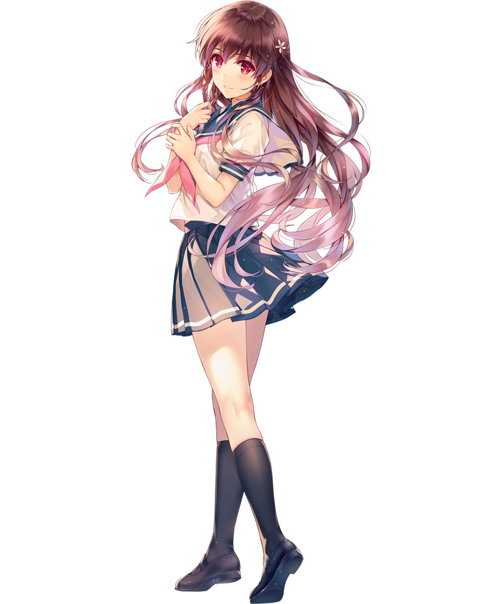 1girl bangs black_legwear blush brown_hair character_request chunithm closed_mouth eyebrows_visible_through_hair fingernails full_body grey_skirt hair_ornament highres long_hair looking_at_viewer mary_janes misaki_kurehito mishima_haruna neckerchief official_art pleated_skirt red_eyes red_neckwear sailor_collar school_uniform shiny shiny_hair shiny_skin shoes short_sleeves skirt smile socks solo standing transparent_background