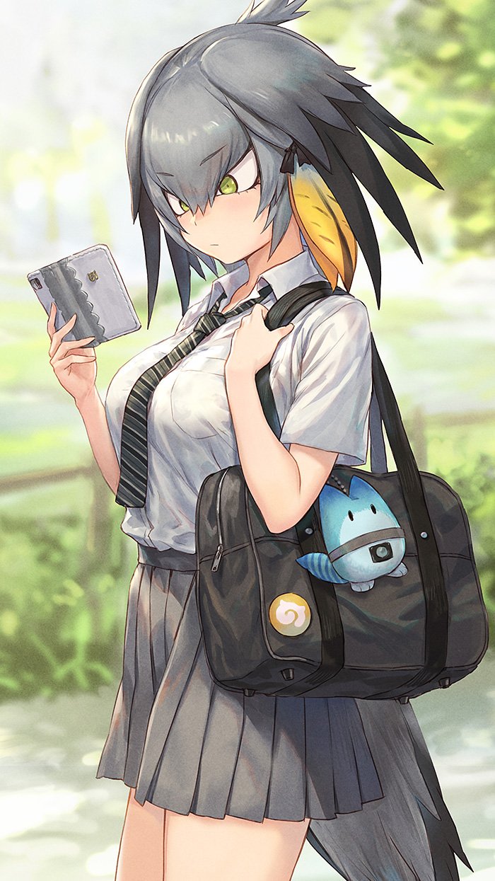 1girl alternate_costume bag bird_tail black_hair blonde_hair breast_pocket collared_shirt commentary_request cowboy_shot eyebrows_visible_through_hair green_eyes grey_hair grey_skirt guchico highres japari_symbol kemono_friends multicolored_hair necktie pleated_skirt pocket school_bag school_uniform shirt shirt_tucked_in shoebill_(kemono_friends) short_sleeves skirt solo standing striped striped_neckwear white_shirt