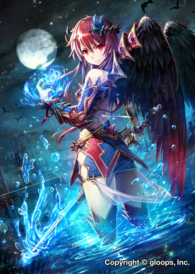 1girl :p bird black_wings blue_skirt blue_sleeves clouds cloudy_sky detached_sleeves dutch_angle feathered_wings floating_hair from_behind full_moon gabiran hair_between_eyes holding holding_sword holding_weapon long_hair long_sleeves looking_at_viewer magic miniskirt moon multicolored multicolored_wings night original outdoors pencil_skirt red_eyes red_wings redhead shiny shiny_hair side_slit skirt sky smile solo sword thigh-highs tongue tongue_out wading weapon wings zettai_ryouiki