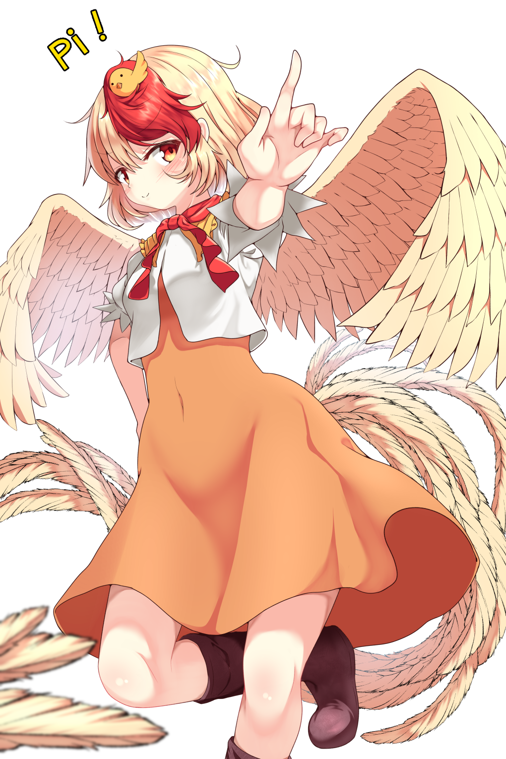 1girl \m/ animal animal_on_head arm_up bangs bird blonde_hair blush boots breasts brown_footwear chick commentary_request covered_navel dress eyebrows_visible_through_hair feathered_wings feet_out_of_frame hair_between_eyes highres looking_at_viewer multicolored_hair neck_ribbon niwatari_kutaka on_head orange_dress puffy_short_sleeves puffy_sleeves rankasei red_eyes red_neckwear red_ribbon redhead ribbon shirt short_hair short_sleeves simple_background small_breasts smile solo standing standing_on_one_leg tail_feathers touhou two-tone_hair white_background white_shirt wings yellow_wings