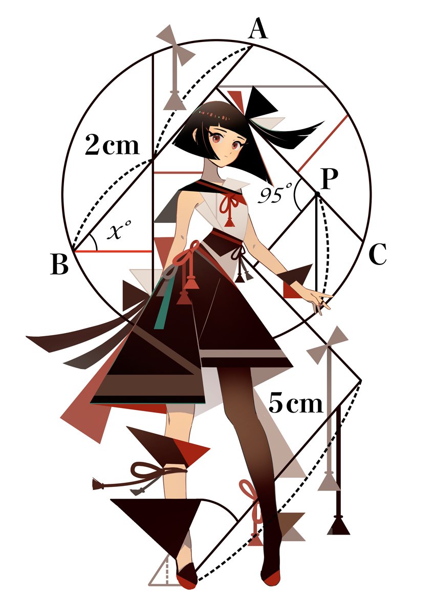 1girl appi523 bangs black_hair blunt_bangs circle expressionless full_body geometry highres looking_at_viewer math number original red_eyes short_hair simple_background sleeveless solo standing white_background