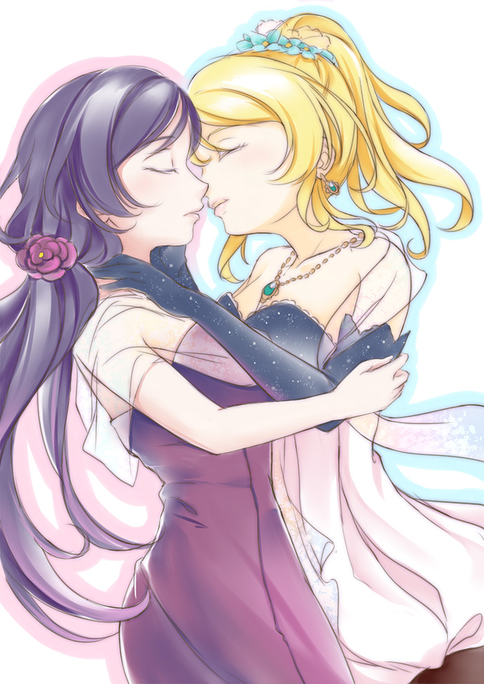 2girls ayase_eli bare_shoulders blonde_hair blush breasts closed_eyes dress earrings elbow_gloves flower gloves hair_flower hair_ornament hand_on_another's_shoulder high_ponytail jewelry large_breasts long_hair love_live! love_live!_school_idol_project multiple_girls necklace outline ponytail purple_dress purple_hair shawl simple_background starry_sky_print toujou_nozomi yaegashiharuki yuri
