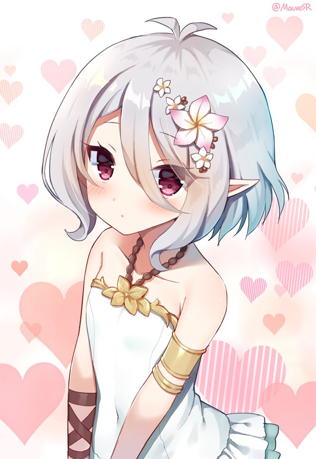 1girl antenna_hair bangs bare_shoulders blush closed_mouth collarbone commentary_request covered_navel eyebrows_visible_through_hair flower hair_between_eyes hair_flower hair_ornament halterneck heart heart_background kokkoro_(princess_connect!) mauve pink_flower pointy_ears princess_connect! princess_connect!_re:dive red_eyes silver_hair solo swimsuit twitter_username white_flower white_swimsuit