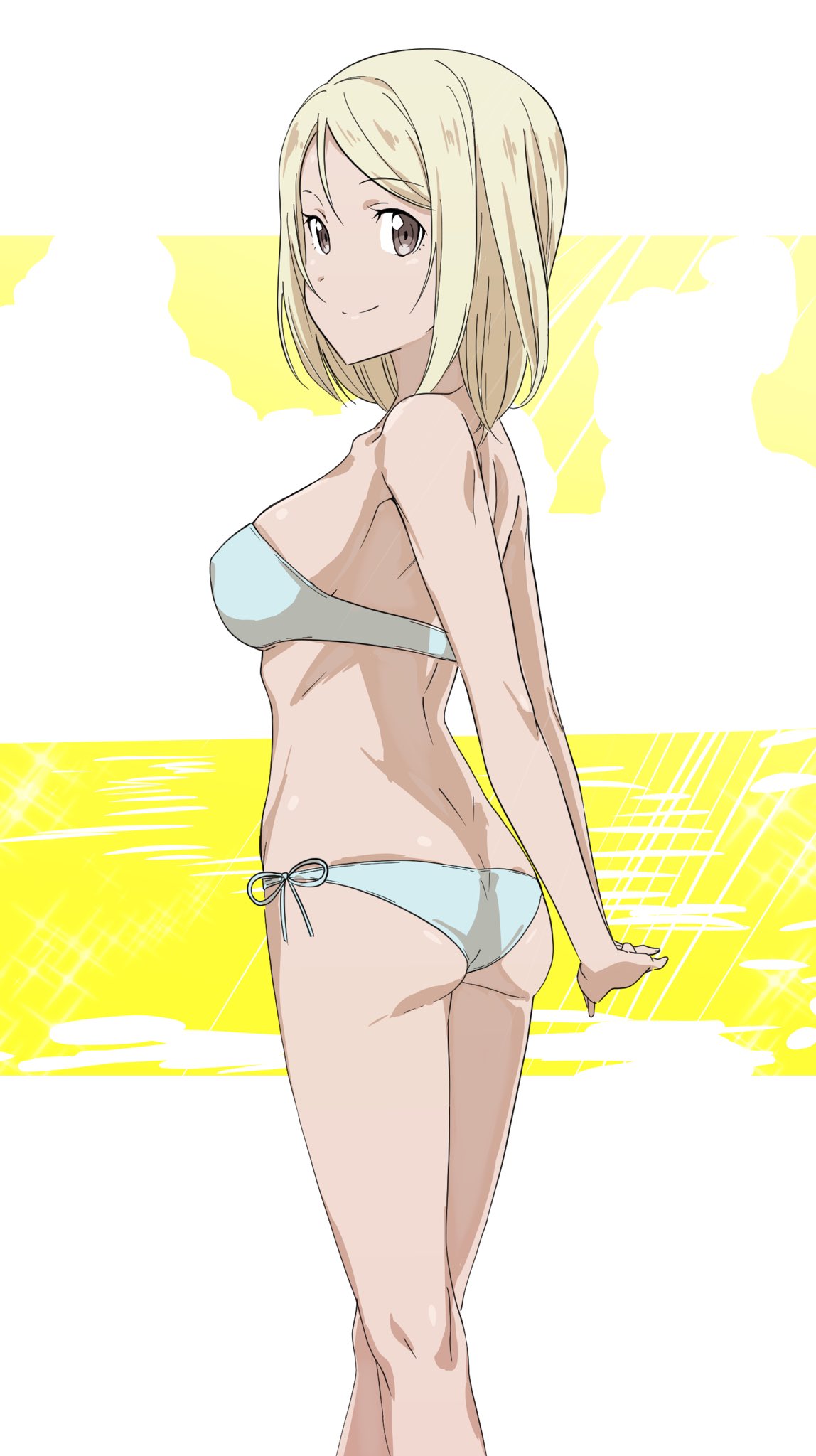 1girl abec_(style) arms_behind_back ass back bangs bikini blonde_hair blue_bikini breasts brown_eyes closed_mouth commentary eyebrows_visible_through_hair from_behind hands_together highres kneepits legs looking_at_viewer looking_back medium_breasts medium_hair original pink_x romaji_commentary side-tie_bikini skindentation smile solo standing swept_bangs swimsuit