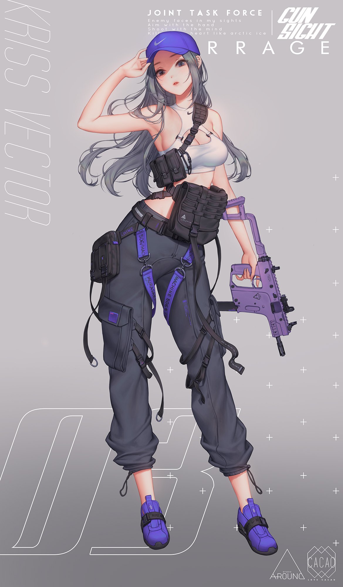 1girl arm_up bag belt blue_footwear breasts cuffs eyebrows_visible_through_hair eyebrows_visible_through_hat eyelashes fingernails grey_background grey_eyes grey_hair grey_pants gun hat highres holding holding_weapon kriss_vector lips long_fingernails long_hair looking_at_viewer love_cacao medium_breasts nike open_mouth original pants pocket scope shoes simple_background sleeveless sneakers solo standing strap submachine_gun weapon
