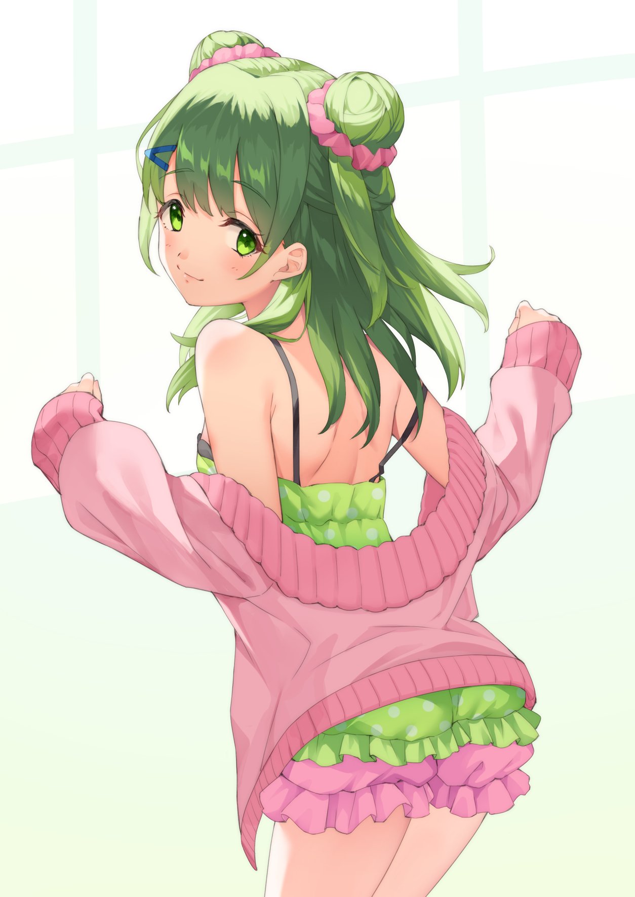 1girl bangs bare_shoulders blush camisole closed_mouth commentary double_bun eyebrows_visible_through_hair green_camisole green_eyes green_hair hair_between_eyes hair_ornament hairclip hands_up highres jacket long_sleeves looking_at_viewer looking_back morinaka_kazaki mosomoso nijisanji off_shoulder open_clothes open_jacket pink_jacket pink_shorts polka_dot polka_dot_camisole short_shorts shorts shoulder_blades sidelocks sleeves_past_wrists smile solo virtual_youtuber window