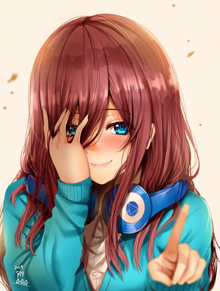 1girl bangs blue_cardigan blue_eyes blush breasts brown_hair cardigan closed_mouth collared_shirt commentary_request go-toubun_no_hanayome hair_between_eyes headphones headphones_around_neck hoshi_san_3 index_finger_raised large_breasts long_hair long_sleeves looking_at_viewer nakano_miku shirt smile white_shirt