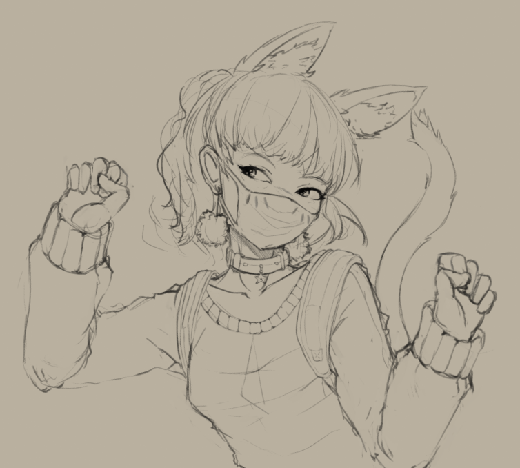 1girl animal_ear_fluff animal_ears arms_up backpack bag breasts choker clenched_teeth jewelry long_sleeves looking_to_the_side lynn_(ring_of_elysium) maelorian neck_belt paw_pose pendant pom_pom_earrings ring_of_elysium sepia shirt short_hair small_breasts star star_choker surgical_mask tail teeth