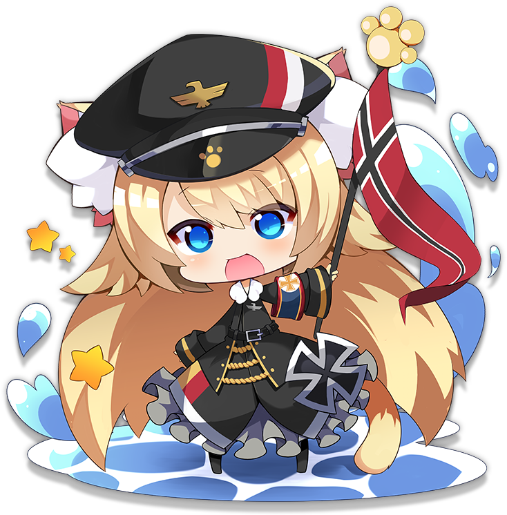 1girl animal_ears artist_request azur_lane belt black_legwear blonde_hair blue_eyes blush cat_ears cat_tail character_request chibi eyebrows_visible_through_hair flag holding holding_flag long_hair long_sleeves looking_at_viewer official_art open_mouth pantyhose smile solo star tail transparent_background water