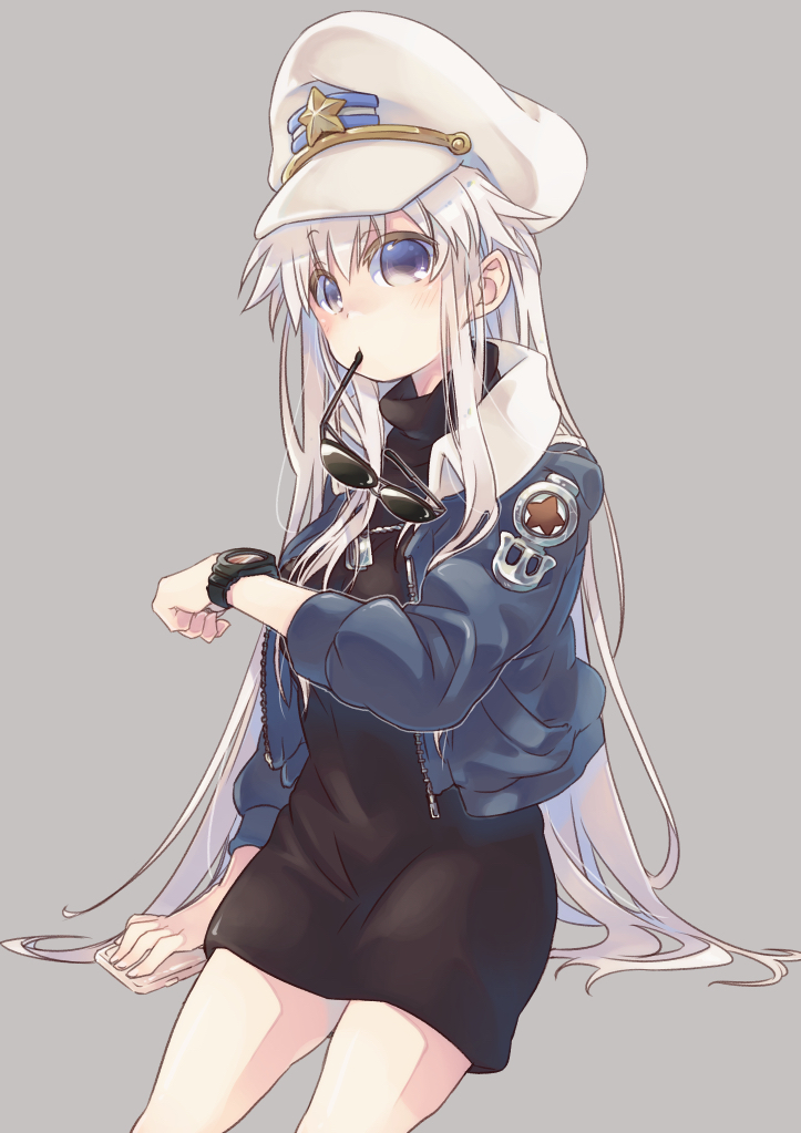 1girl alternate_costume anchor_symbol azur_lane cellphone enterprise_(azur_lane) eyewear_in_mouth hat jacket military mouth_hold peaked_cap phone silver_hair solo turtleneck_dress violet_eyes watch watch