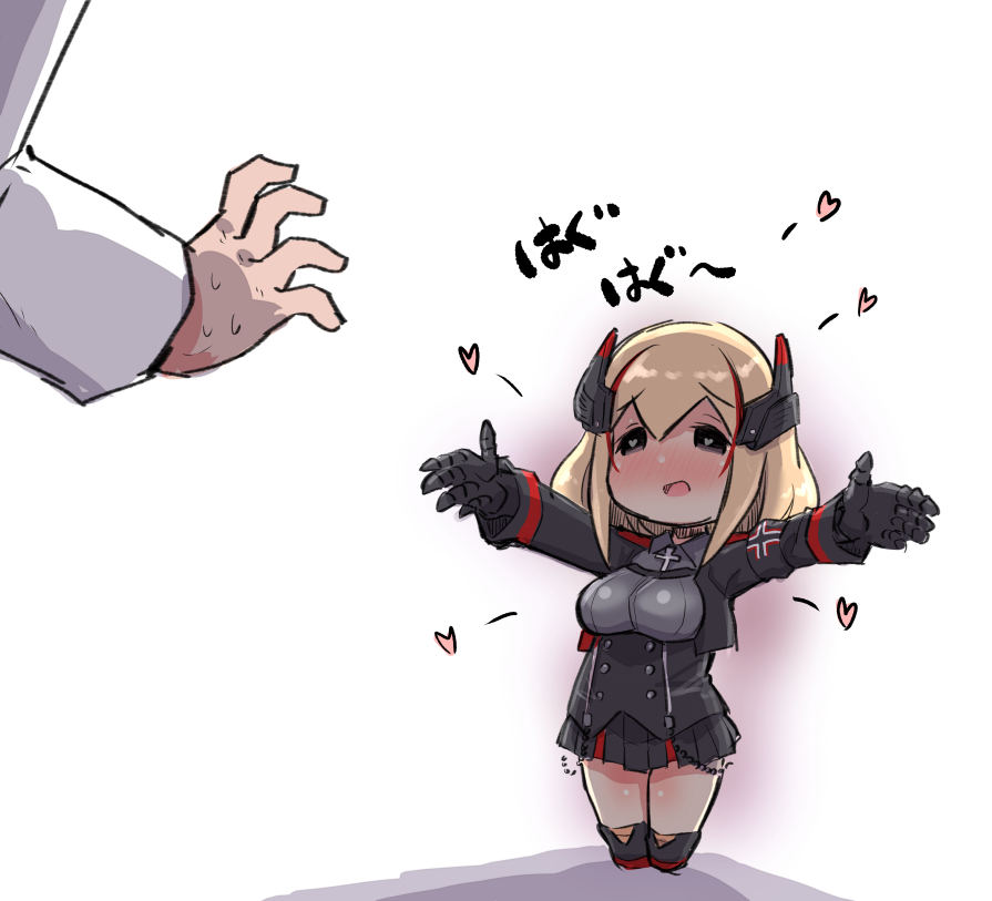 1boy 1girl azur_lane bangs black_footwear black_gloves black_jacket black_skirt blonde_hair blush boots breasts chibi collared_shirt commander_(azur_lane) commentary_request cropped_jacket eyebrows_visible_through_hair gloves grey_eyes grey_shirt hair_between_eyes headgear heart heart-shaped_pupils jacket long_hair long_sleeves medium_breasts multicolored_hair open_clothes open_jacket out_of_frame outstretched_arms pleated_skirt redhead roon_(azur_lane) shadow shirt skirt solo_focus standing streaked_hair symbol-shaped_pupils translated u-non_(annon'an) white_background white_jacket