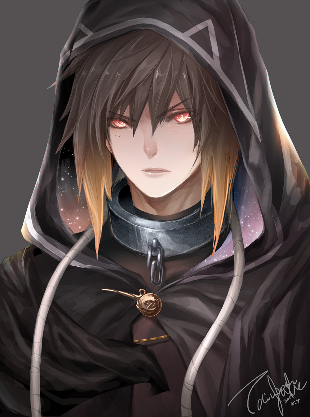 1boy albel_nox black_coat blonde_hair brown_hair gradient_hair grey_background highres hood kom_(water0371) looking_at_viewer male_focus multicolored_hair open_mouth red_eyes signature simple_background solo star_ocean star_ocean_till_the_end_of_time upper_body